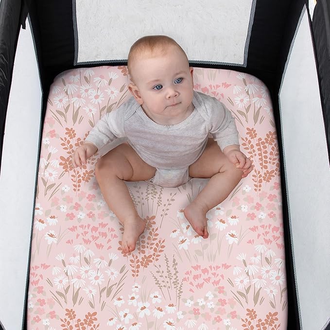 The Peanutshell 3 Pack and Play Crib Sheets Fitted - Universal Pack N Play Sheets for Pack and Play Mattress, Soft & Breathable Playard Bedding for Graco, Mini Crib Sheets Girl Fitted, Pink Floral
