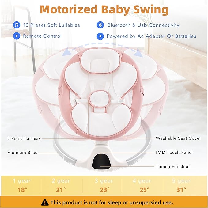 Soobaby Baby Swing for Infants,Electric Swing for Babies,Portable Swing for Baby Boy Girl,Remote Control Indoor Baby Rocker with 5 Sway Speeds,Music and Bluetooth,Dark Pink