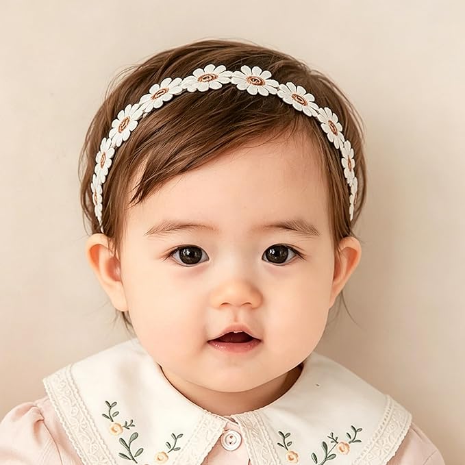 Baby Girls Flower Crown Headband Lace Handmade Floral Headbands Soft Elastic Band Daisy Hairband Newborn Infant Toddler Kids for Christening Baptism Birthday Party (White, Daisy)