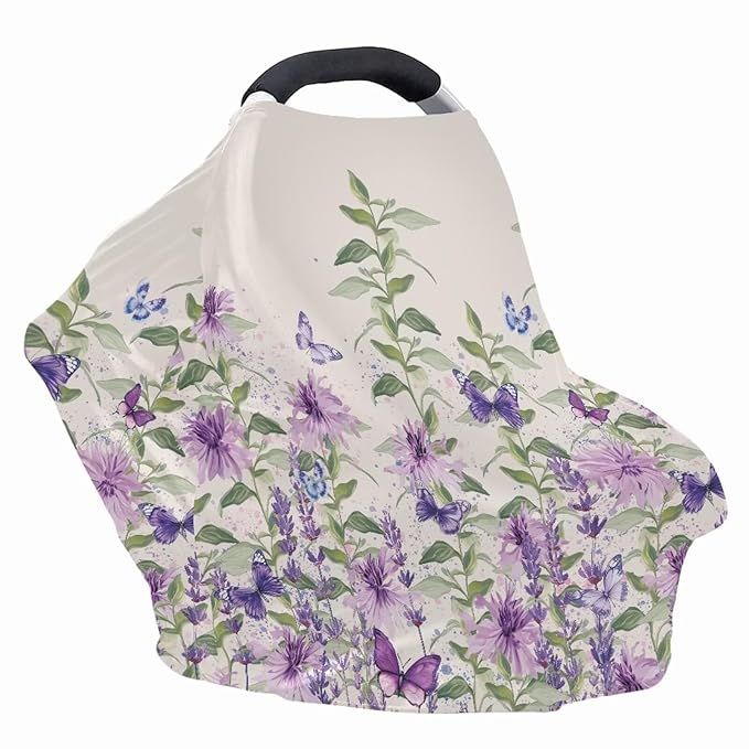 AFPANQZ Purple Flower Nursing Cover Breastfeeding Scarf Baby Car Seat Covers Infant Stroller Cover Carseat Canopy for Girls and Boys Lightweight Breathable for Outdoor Walking Traveling
