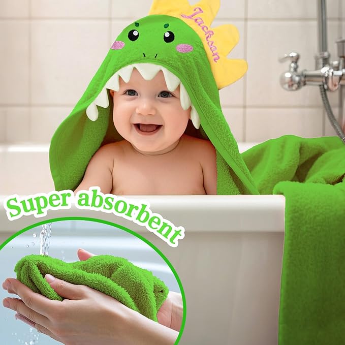 Custom Hooded Baby Towels with Name, Personalized Bunny Easter Gifts for Toddlers, Custom Baby Bath Towels for Newborn, Ultra Soft and Absorbent, Ideal for Girl Boy (Dinosaur)