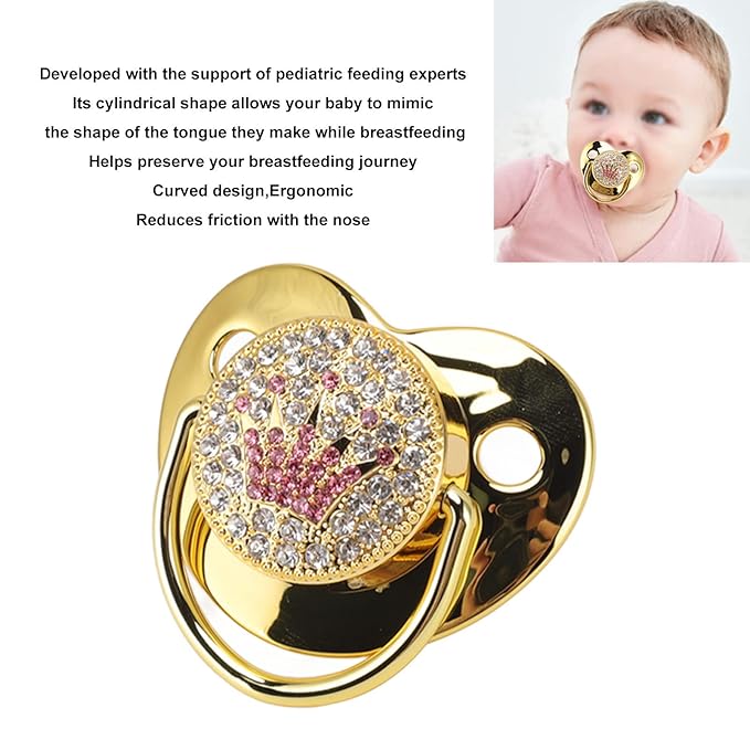 Baby Pacifier Symmetrical One Piece Design Nipple Shape Helps Promote Oral Development Ultra Light Soft Bling Silicone Newborn Pacifier for 6 to 18 Months Infant (Gold)