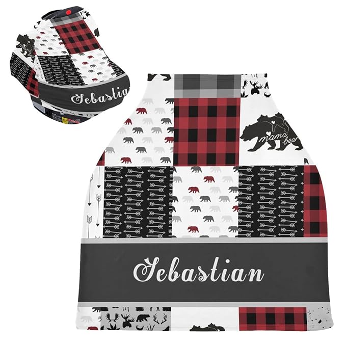 Personalized Baby Boy Car Seat Covers with Name, Custom Woodland Bear Nursing Cover Breastfeeding for Babies, Multiuse Carseat Canopy, Infant Stroller Cover, Breathable Carseats Cover
