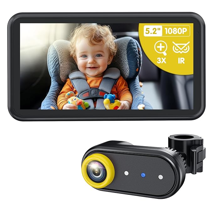 Luckview BM2A Baby Car Camera, Night Vision & 5.2" 1080P Display for Rear-Facing Car Seats, Easy No-Damage Install, Patented Anti-Shake Mount – Ideal for Parents and Pet Owners
