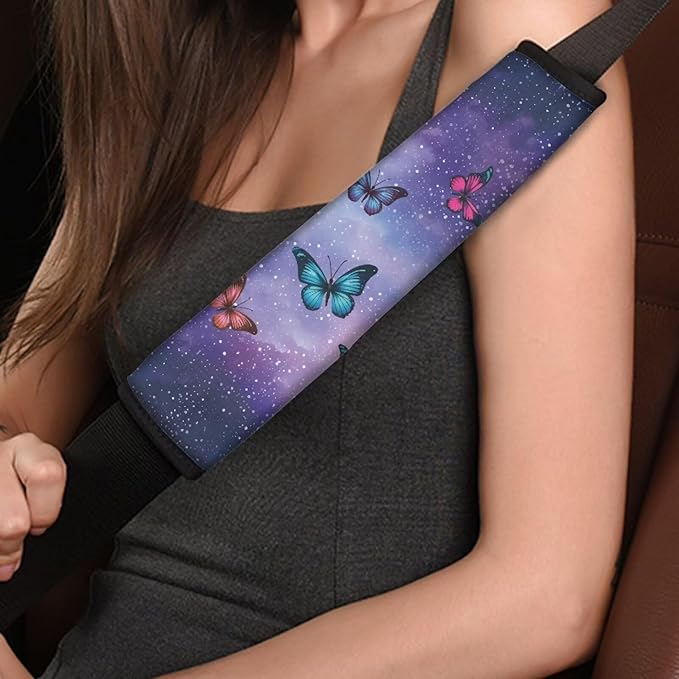 AFPANQZ 2PCS Car Seat Belt Cover Pads Cushion Galaxy Butterflies Safety Seatbelt Pad Head and Neck Support Adjustable Driver Shoulder Protection Luggage Bag Strap Pad