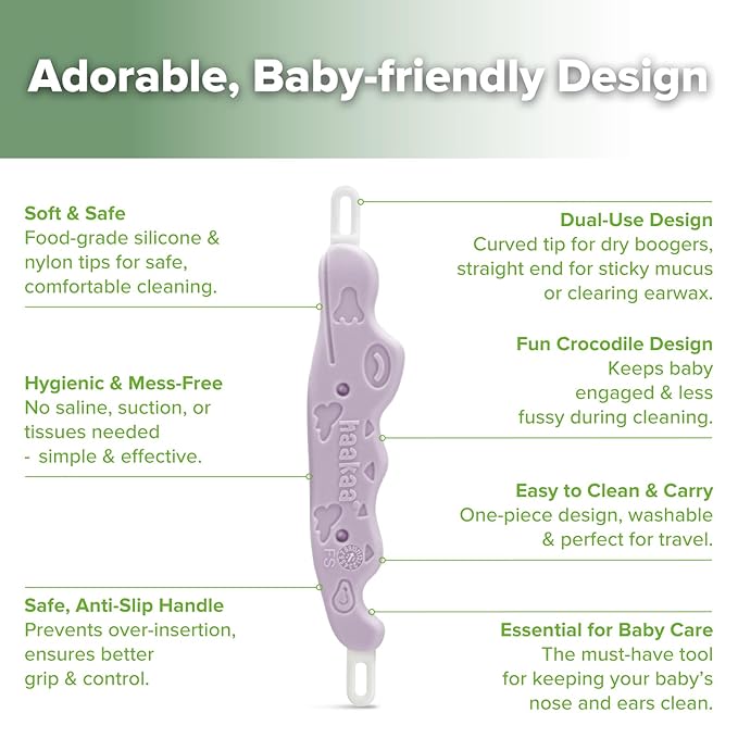 haakaa Baby Nose Cleaner & Ear Wax Removal Tool,The Unique Crocodile-Shaped Design,Baby Essentials - Lavender