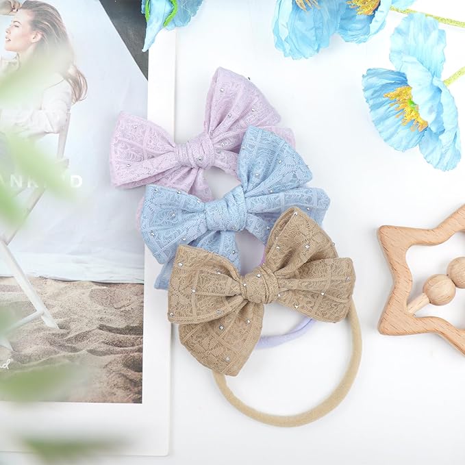 YanJie 3PCS 4’’ Lace Hair Bow for Girls Soft Nylon Baby Headbands Rhinestone Blue Purple Brown Bows Hair Accessories for Newborn Infant Toddler Girl