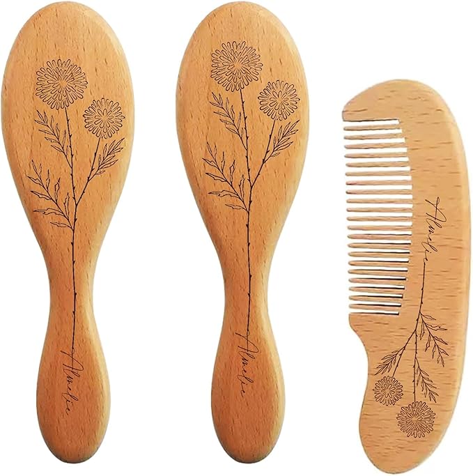 Personalized Baby Hair Brush and Comb Set for Newborn, Custom Wooden Toddler Hair Brush Set with Soft Goat Bristle,Includes Baby Comb, Air Cushion Brush, and Soft Bristle Brush, Birthday Flowers