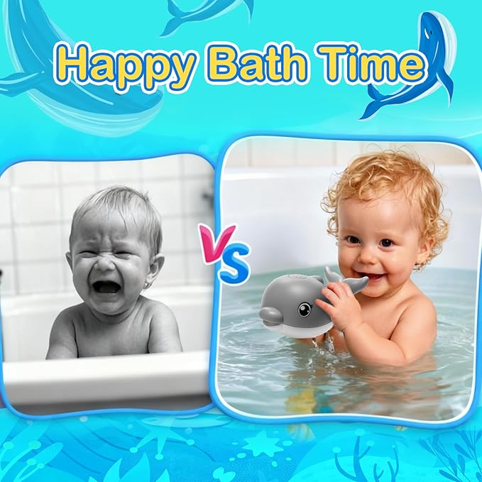 Bath Toys, Light Up Dolphin Baby Bath Toys for Babies 6-12 12-18 Months, Rechargeable Sprinkler Musical Toys, Easter Basket Stuffers Bathtub Toys for Toddlers 1-3 2-4 Boys Girls Infant Kids- Grey