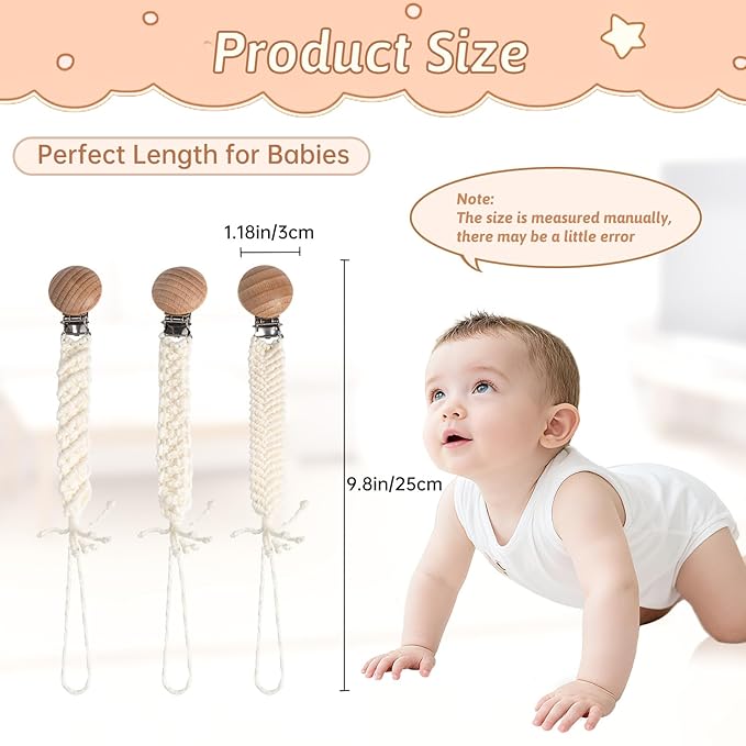 Boho Pacifier Clip for Boys Girls Pacifier Holder Leash Wooden Clips Handmade Braided Cotton Unisex Baby Shower Birthday Gift Christmas Gift (Pattern 9)