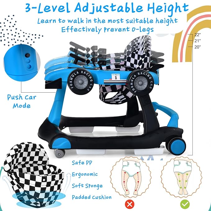S AFSTAR 5-in-1 Baby Walker, Foldable Activity Car Walker with Adjustable Height Seat and Speed, Noiseless Smooth Wheels, Music & Light, Anti-Rollover, for Boys Girls 6-18 Months