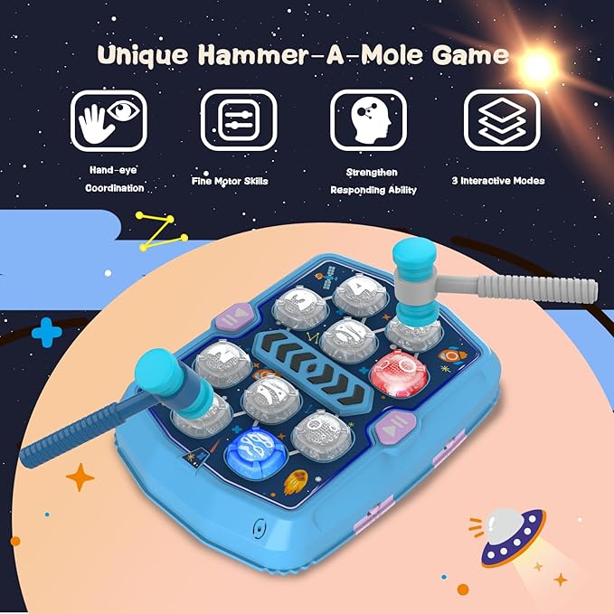 Whack Game Mole Toys for 3 4 5 6 Year Old Boys, Pounding Toys for Age 2-4, 3 Modes & Light Interactive Toddlers Toy with 2 Hammer, Baby Toy Gifts for Early Learning, Birthday Gift for Toddler Boy Girl
