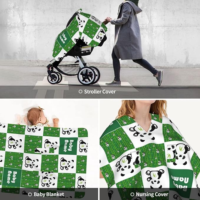 Personalized Cute Panda and Bamboo Baby Car Seat Canopy for Baby with Name, Custom Light Weight Minky Covers for Baby Boy Girl, Nursing Breastfeeding Stroller Cover Canopies for Newborn