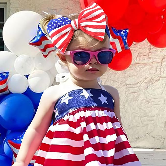 American Flag Headband with Red, White and Blue Patriotic Star Bows - Nylon Hairband for Girls and 4th July Accessories