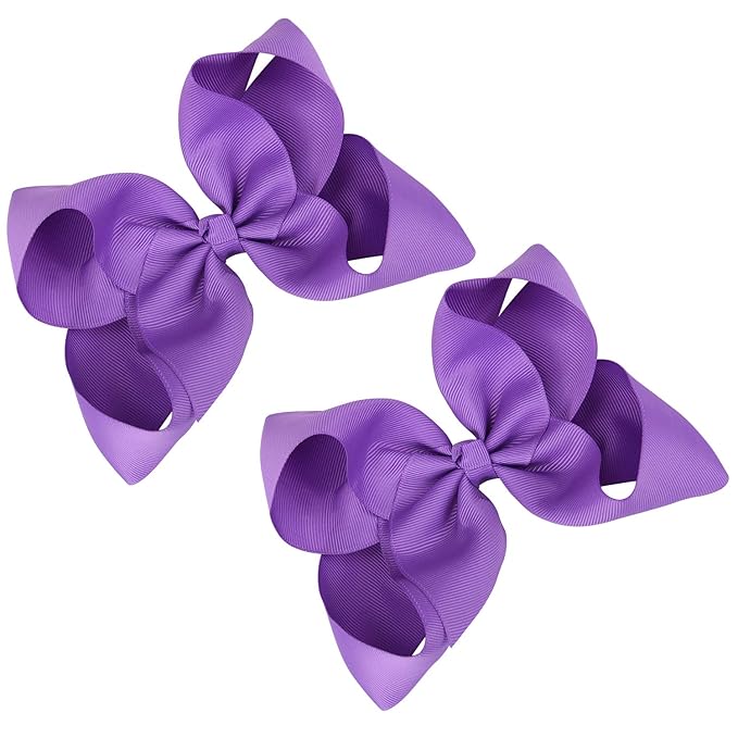 DEEKA 2 PCS 6" Big Hand-made Grosgrain Ribbon Solid Color Hair Bows Alligator Clips Hair Accessories for Little Teen Toddler Girls Kids Set of 2 -Purple