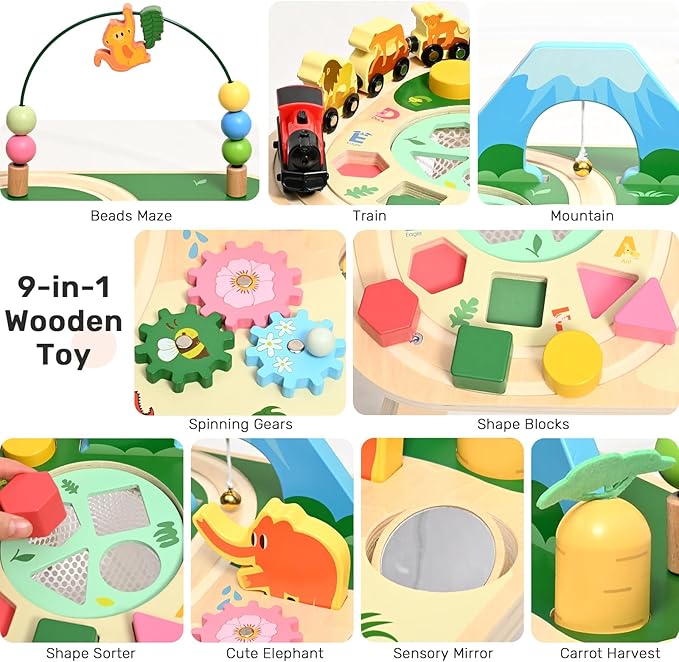 WINGYZ Activity Table for 1 Year Old Toddler, 9-in-1 Multi-Colorful Wooden Montessori Toys, Baby Play Table with Bead Maze Shape Sorter Train Toy, Educational Gifts for 12 Months+ Kids Boys Girls