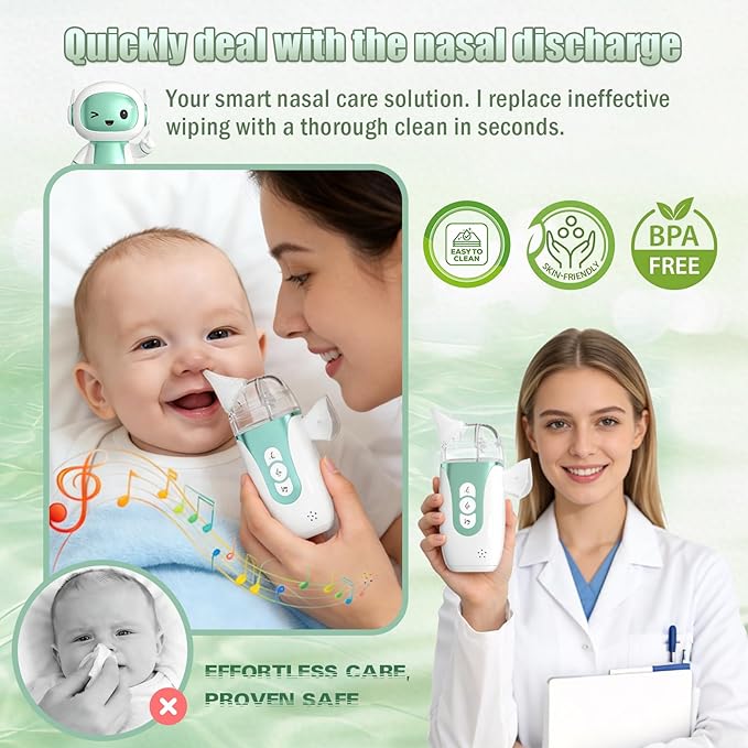 Smart Baby Nasal Aspirator, 2-in-1 Electric Nose Sucker for Toddlers with Spray, 5-Level Suction, Soothing Music, 2 Silicone Tips, USB-C Charge, Storage Case | Nasal Aspirator for Baby (Olive Green)