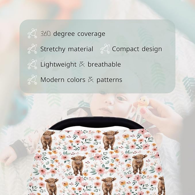 HawSkgFub Highland Cow Floral 5-in-1 Car Seat Cover for Baby Girl Cow Lover Gift, Western Cowgirl Retro Boho Flower Privacy Breastfeeding Nursing Cover, Newborn Infant Multi-use Carseat Canopy Carrier