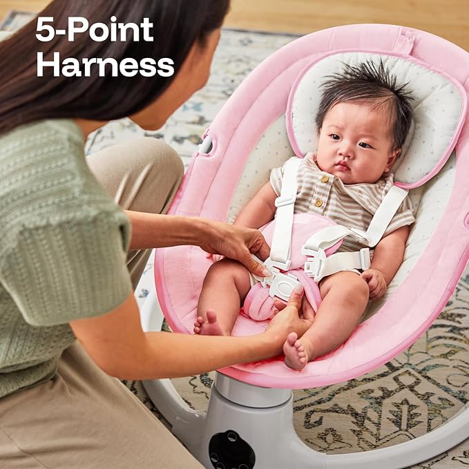 HARPPA Weddell Lite Electric Baby Swing for Infants with Music Speaker, 5 Adjustable Speeds, 5-Point Safety Harness, Timer Function, Compact Design for Indoor & Outdoor Use, Pink