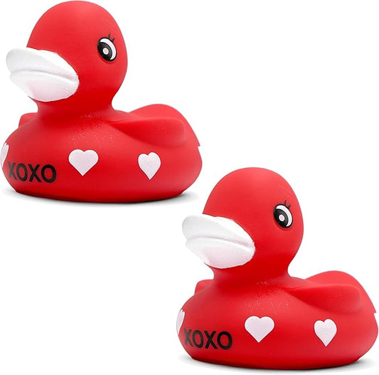 4E's Novelty 3" Valentines Rubber Duck - 2 Pack Large Red XOXO Sweetheart Ducky for Romantic Decoration, Jeep Ducking, Bath Toy, Cake Topper, Party Supplies, Valentines Gift for Him Her