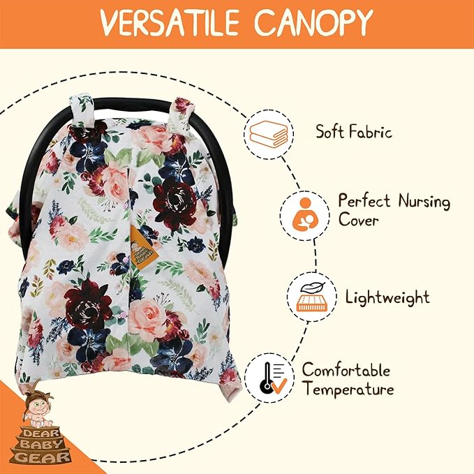 Dear Baby Gear Car Seat Cover for Boys & Girls - Baby Carseat Canopy w/Snap Opening - Infant Seat Cover - Stroller & Nursing Covers - Newborn Carrier Canopy- 40x30" (Burgundy & Navy Floral on Blush)