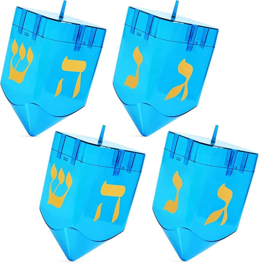 Large Fillable Dreidels for Hanukkah, Pack of 4 Plastic Dreidels Bulk, Blue Large Dreidels That Bring Joy and Tradition to Every Celebration