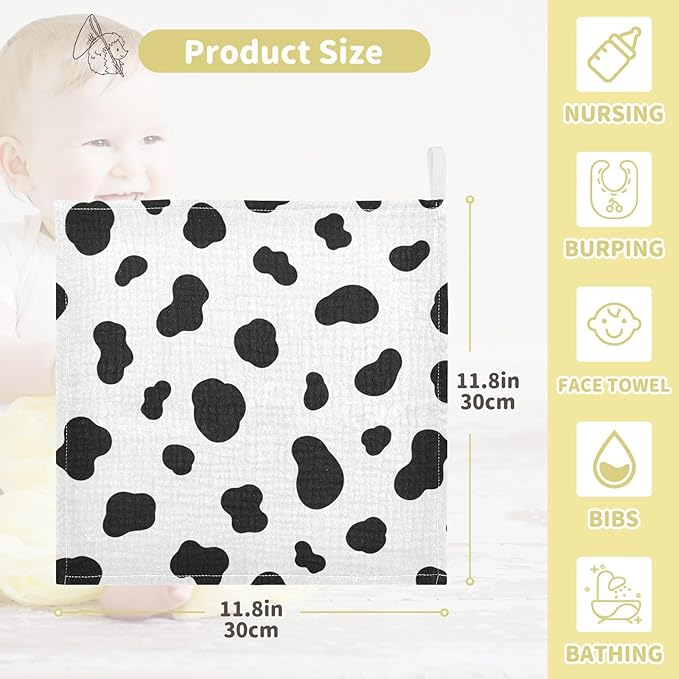 Black White Cow Pattern Baby Muslin Washcloths Burp Cloths Soft Absorbent Baby Wash Cloth Fingertip Face Towels for Newborn Boys Girls 12 x 12 in,3 Pack