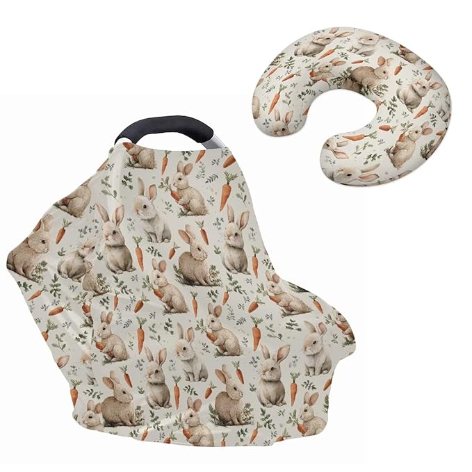 Bunny Baby Car Seat Cover Infant Carrot Stroller Covers for Boys Girls Nursing Pillow Cover Gentle U-Shaped Breastfeeding Pillowcase Replaceable
