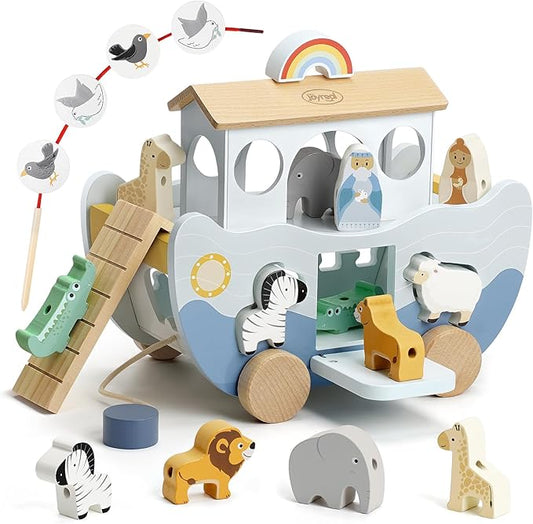 Joyreal Wooden Noah's Ark Toy for 1 Year Old Baby Boy and Girl Baptism Gift - Neutral Color Montessori Educational Toy with Animal Shape Sorter - Christian Toys for Toddler 1-3 Christmas Birthday Gift