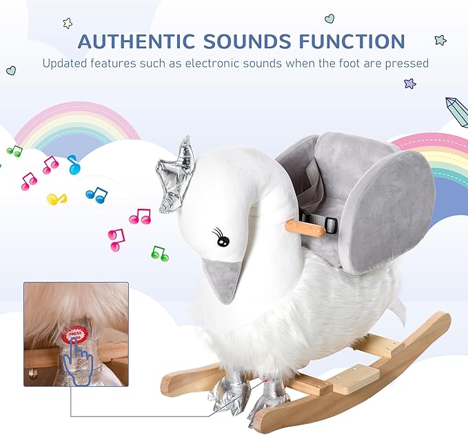 Qaba Rocking Horse, Kids Ride on Horse Swan Rocker with Sound, Plush Seat, Wooden Base, Safety Belt for Toddlers 18-36 Months, White
