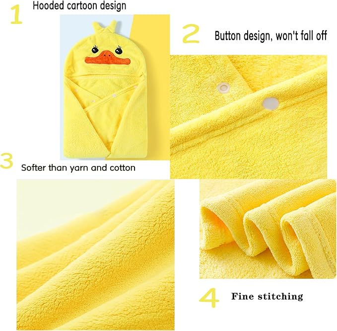 Toddler Baby Bath Towel with Hood 27.5"X55" Ultra Absorbent Soft Cozy Comfort Bathrobe Blanket, 0-6 Years Infant Shower Towel for Girls & Boys(Bright Yellow)