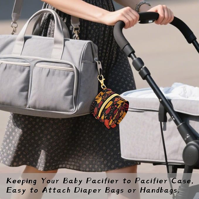 Pacifier Holder with Clip Pacifier Case for Diaper Bag Round Baby Pacifier Pouch Box Bag Portable Autumn Leaf Pattern Colorful
