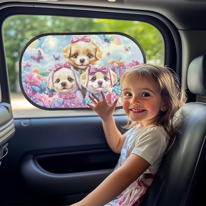 Bulopur 2 PCS Car Window Shades for Side Window UV Protection Floral Dog Puppy Side Window Sunshade Easy to Install Mesh Car Windshield Covers Universal Auto Interior Accessories Decoration