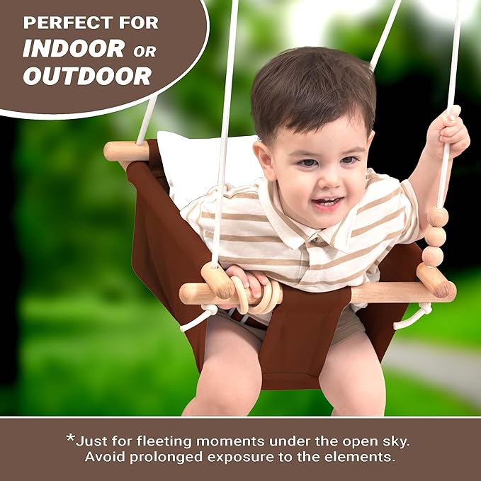 Baby Swing Outdoor and Indoor - Canvas Baby Swing 6 Months to 3 Years, Durable Baby Swing Chair, Indoor Baby Swing, Outdoor Baby Swing, Full Set of Ceiling Screws (Brown)