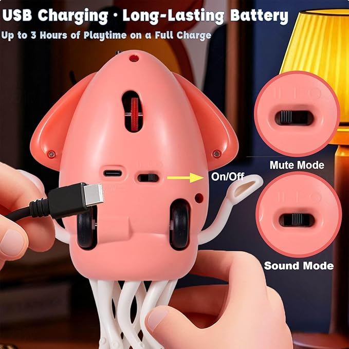 Dancing Octopus Baby Toy - Electric Crawling Octopus Tummy Time Toy - USB Rechargeable Dancing Musical Squid Toys with Lights, Birthday Gifts for 3 4 5 6 Year Old Boys Girls, Funny Desk Decor (Pink)