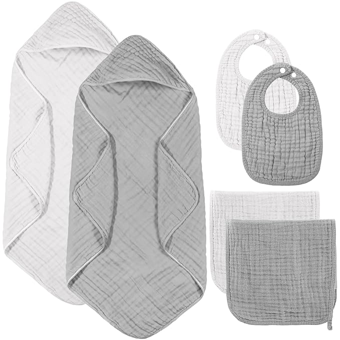 Hahafelt 6 Pcs Muslin Hooded Bath Towels Washcloths and Bibs Set, Muslin Cotton Baby Towels Absorbent Hooded Blanket Towel Infant Bibs for Boys Girls Newborn Infant Essential(White, Light Gray)
