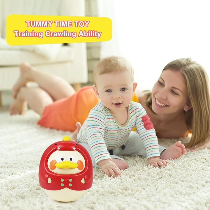 Tinabless Tummy Time Toys, Dinosaur-Duck Roly Poly Baby Toy, Musical Wobbler Toy | Tumbler Wobbler Toy for Newborns 3-12 Month Baby Boys and Girls Easter Basket Gift First Birthday Present (Red)