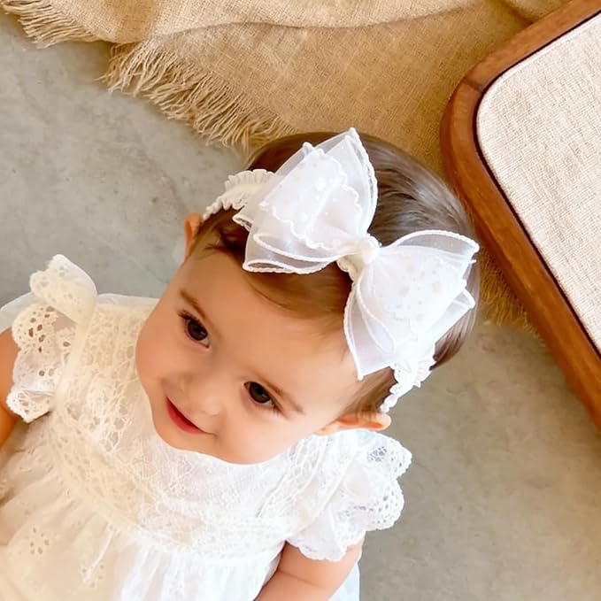 Baby Girls Headband White Bow Lace Headbands Soft Elastic Bowknot Hairbands Cute Hair Accessory for Newborn Kids Infant Toddler Baptism Birthday Party (Bow D)