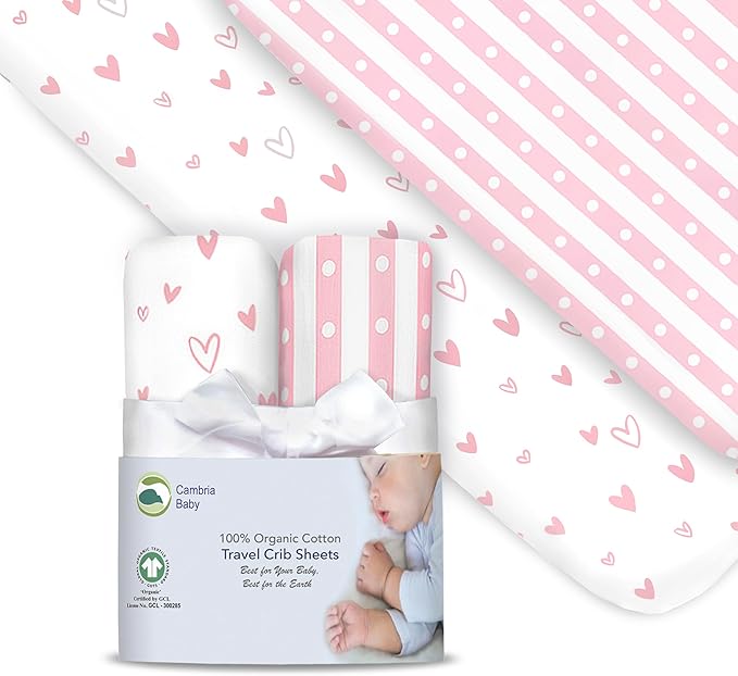 100% Organic Cotton Fitted Travel Crib Sheets, Perfectly Compatible with Guava Lotus, BabyBjorn, Dream On Me and All mattresses 22-26" Wide by 40-44" Long. Strap Holes in Corners. 2 Pk