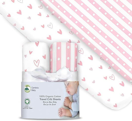 100% Organic Cotton Fitted Travel Crib Sheets, Perfectly Compatible with Guava Lotus, BabyBjorn, Dream On Me and All mattresses 22-26" Wide by 40-44" Long. Strap Holes in Corners. 2 Pk