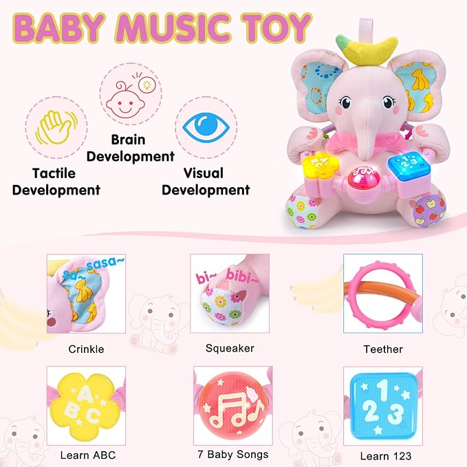 Ryotagift Baby Bilingual Musical Elephant Stuffed Animals Toys,Infant Early Learning Toy with Light-Up Music & Crinkle,Tummy Time Toys for 0 3 6 9 12+ Months for Baby Boy Girl Gift,Pink