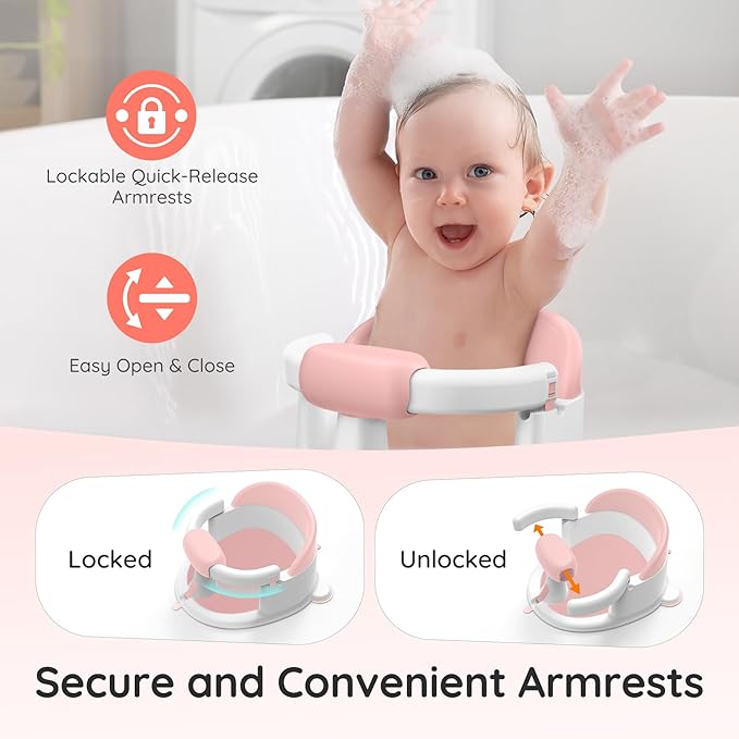 Baby Bath Seat Baby Bathtub - with Strong Suction Cups and 360° Surround Support – Easy Release, Non-Slip Cushion, Lockable Armrests – Infant Bath Chair for Babies 6-24 Months, Pink