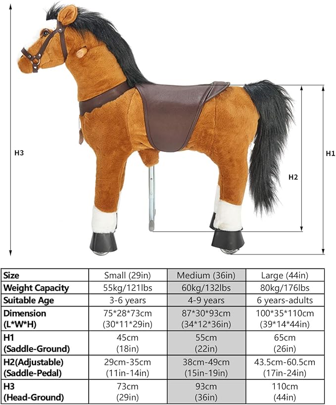 UFREE Ride on Horse, Horse Ride on Toy, Mechanical Horse, Plush Animal, Black Mane and Tail, Age 4-9