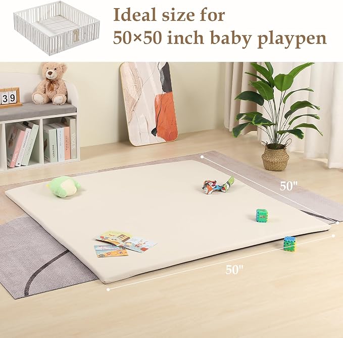 MOMCAYWEX 50"x50" Premium Baby Play Mat, Thick Memory Foam with Wipe-Clean Leather Cover, Non-Slip & Machine Washable Floor Mat for Tummy Time, Crawling and Family Bonding Time, Cream