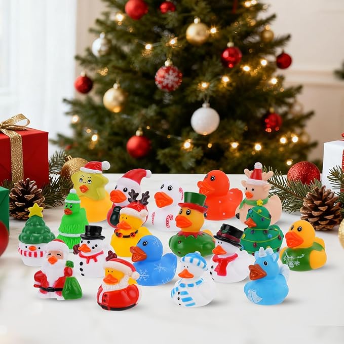 18pcs Christmas Mini Rubber Ducks Toys, Bath Duck Bulk Float Duck Baby Showers Accessories, Bath Toys for Kids Christmas Birthday Party Favors Gift Classroom Summer Beach Pool Party Games