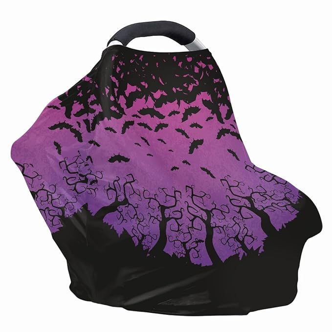 Coldinair Purple Sunset Bat Print Nursing Cover Multi Use Car Seat Stroller Cover Canopy Covers for Breastfeeding Branch Pattern Nursing Scarf Shopping Cart Covers