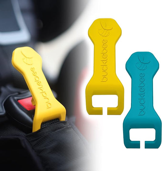 BUCKLEBEE Easy Car Seat Buckle Release Aid for Children Unbuckle Car Seat Release Tool - Button Pusher - Opener For Nails - (Yellow and Teal)