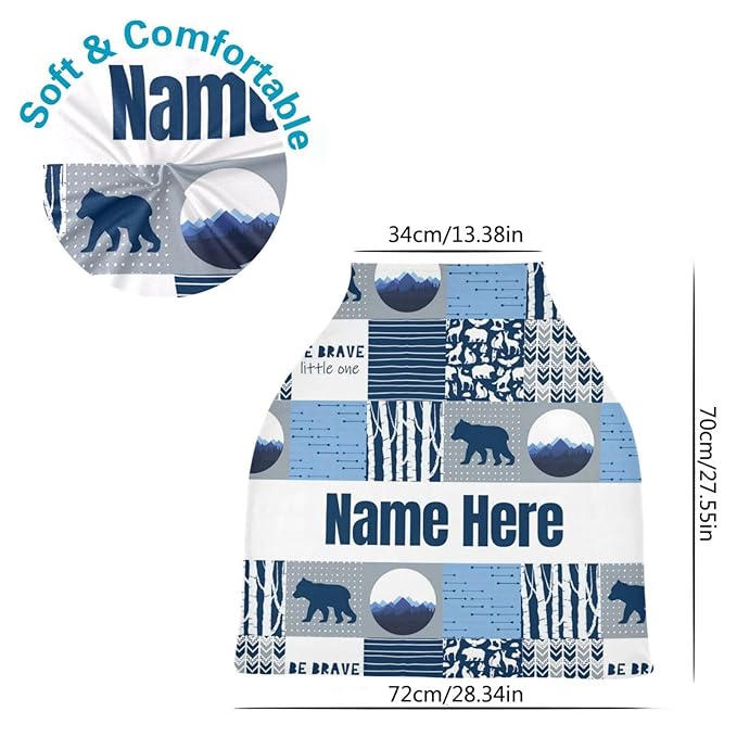 Personalized Woodland Bear Blue Baby Car Seat Cover for Babies with Name, Custom Baby Car Seats Canopy for Boys Girls, Nursing Breastfeeding Stroller Covers Infant Car Seat Blanket for Newborn
