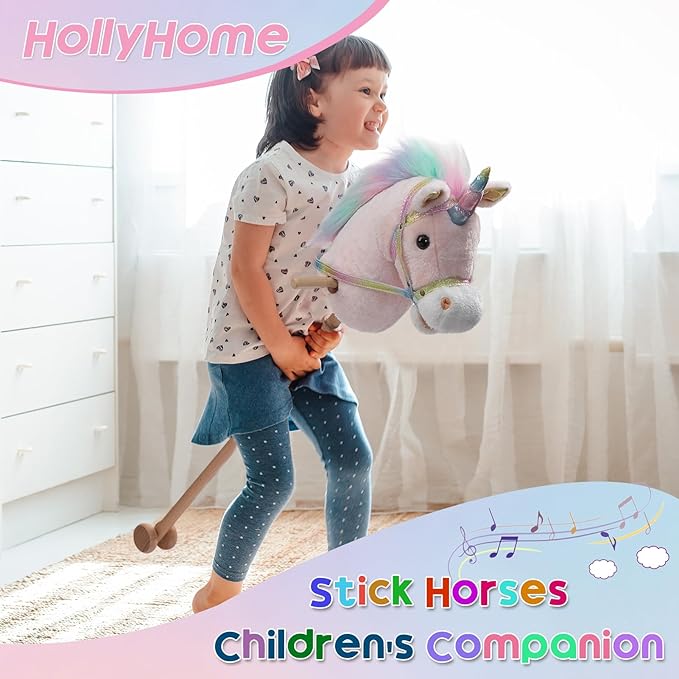 HollyHOME Unicorn Stick Horse with Wood Wheels Real Pony Neighing and Galloping Sounds Plush Unicorn Toy Pink with Rainbow Mane 36 Inches(AA Batteries Required)