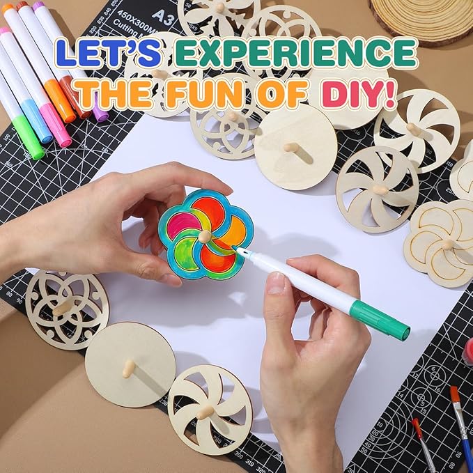 Toyvian 40 Piece Wooden Spinning Tops Fidget Crafts Party Favors for Kids 4-8 - Unfinished Wood DIY Gyroscope Bulk Kids Toys